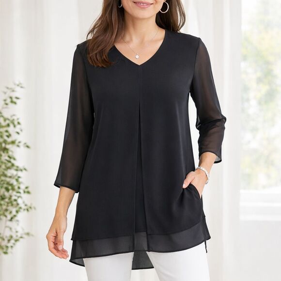 Chico's Tops - Chicos Womens Long Tunic Top Size 2 Black 3/4 Sleeves Slit Front Minimalist Chic